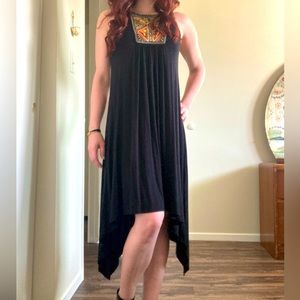 INC Black Midi Summer Dress Size S Red Embroidery Gold Beading Moroccan Vibes!